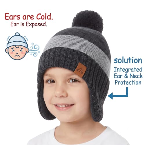 Image of LMLALML Boys Winter Hat Earflap Knitted Beanie for Kids Warm Fleece Lined Thicken Hat for Baby