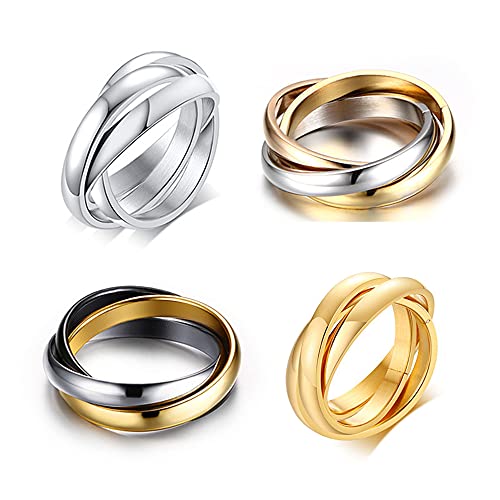 4PCS Trinity Interlocking Band Rings for Women Girls, Stainless Steel Stacking Cross Rings in Silver/Gold/Black Tone, Minimalist Promise Ring for Love/Engagement/Wedding