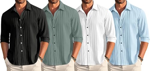 Image of FINIVO FASHION Combo of Men's Casual Cotton Plain Button Down Shirt Long Sleeve Textured Summer Beach Shirt for Men Pack of 4