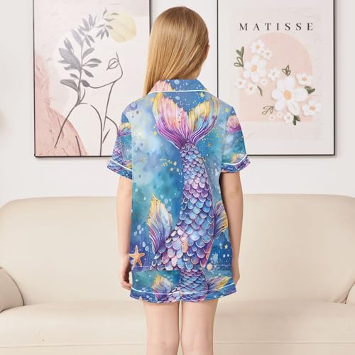 ALAZA Mermaid Starfish Watercolor Satin Pajamas Set Short Sleeve Button Down Sleepwear Summer Pjs 2 Piece4