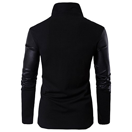 Mens Fashion Knit Zipper Cardigan Stitching Artificial Leather Sleeves Irregular Placket3