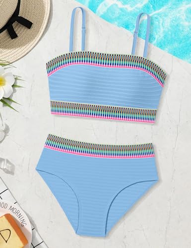 Image of DONWEN Girls Swimsuits V Neck Bikini Set Textured High Waist Girl Two Piece Bathing Suit