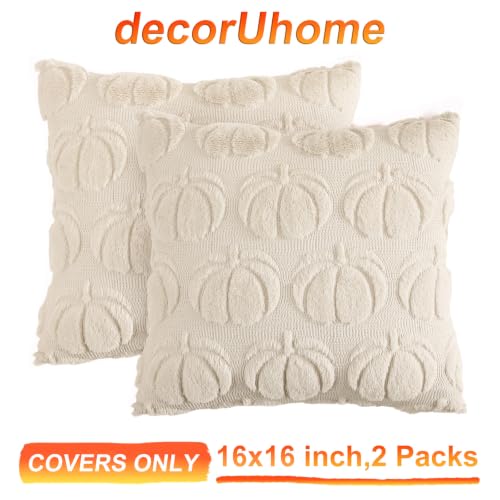 Image of decorUhome Fall Decorative Beige Pumpkin Throw Pillow Covers 16x16 Set of 2, Soft Faux Fur Plush Farmhouse Accent Pillow Cases for Couch Bed Sofa Autumn Harvest Halloween Holiday Home Decor