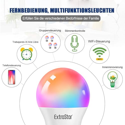 EXTRASTAR Smart Glühbirne E27 G45, Alexa LED WiFi Lampe 2700K-6500K, 4.9W 470LM 16 Millionen Farben WLAN Dimmbar Glühbirne, RGB Birne Kompatibel mit Alexa,Google Home, 2 Stück – Bild 5