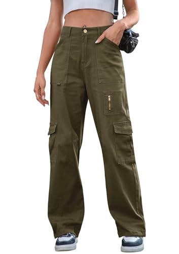 IVIR Cargo Jeans for Women High Waist Wide Leg Pants 7 Pockets Combat Military Trousers Army Green Large