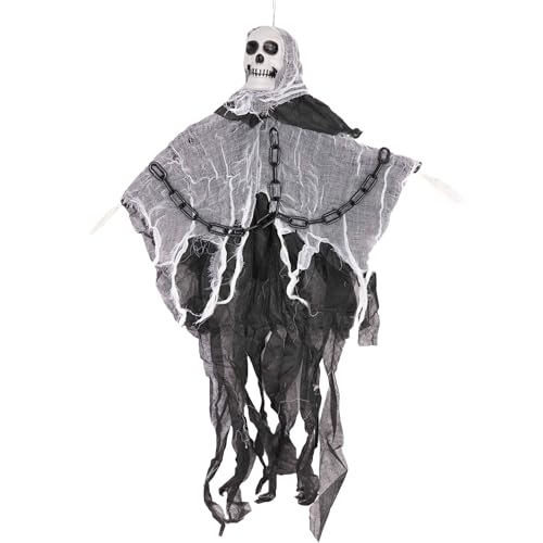 SHATCHI 90 cm Skelett in Ketten Geist Schädel Halloween hängende Dekoration Sensenmann Spukhaus Requisite gruselig, Polyvinylchlorid, Schwarz