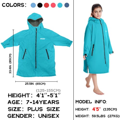 Image of Hiturbo Warm Kids Swim Parka: Waterproof Changing Robe - Oversize Swimming Coat - Hooded Surf Poncho - Thick Lining (7-14Y)