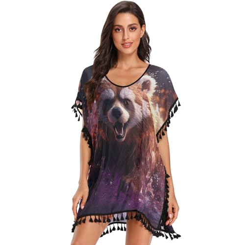 Angry Red Panda Purple Fire Women's Beach Cover Up Chiffon Tassel Swimwear Swimsuit Coverups for Girl