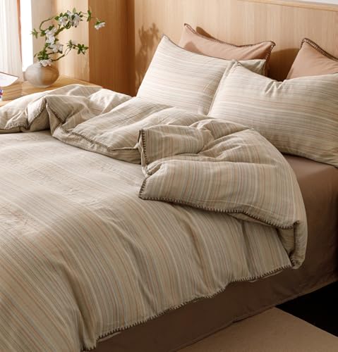 Image of VM VOUGEMARKET Brown Tan Duvet Cover King Striped Pattern Yarn Dyed Muslin Cotton Duvet Cover with Embroidered Edge Super Soft Cozy Bedding Set for Men Women,King Size