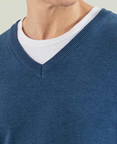 Qualfort Mens 100% Cotton V Neck Sweaters Casual Knitted Pullover Sweater Blue X-Large #TOP2