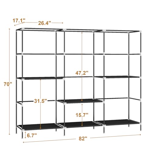 83" Portable Wardrobe Closet for Bedroom, Freestanding Clothes Rack Organizer with Dust Cover, 5 Hanging Rods & 6 Storage Shelves, Black - Image 3
