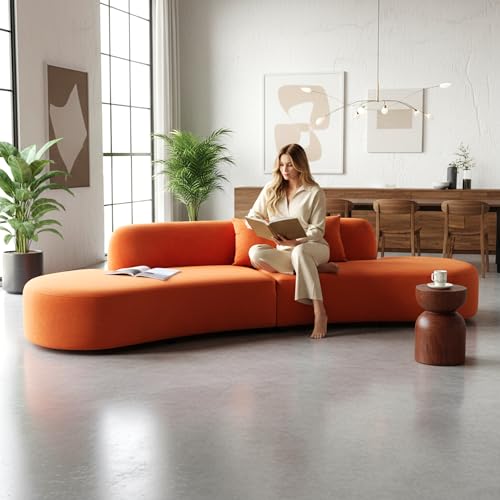 Image of Container Furniture Direct Belmont 132 inch Curved Sofa with Throw Pillows, 6 Seater Luxury Velvet Couch with Half Moon Design and High-Density Foam, Ideal for Living Room, Office & Apartment, Red Orange