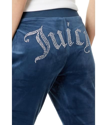 Juicy Couture Womens, Solid Rib Waist Velour Pant W/Drawcord, Midnight Sea, Large, 323