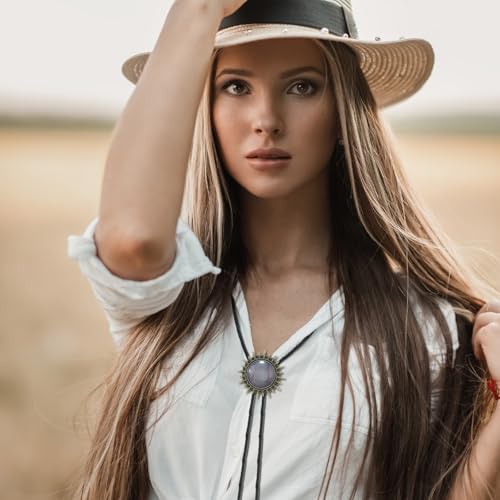 Image of Bolo Tie for Men Women Cowboy Turquoise Celtic Natural Tiger Eye Stone Longhorn Bull Western Leather Bolo Necktie