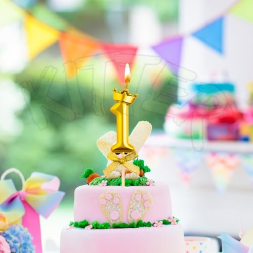 Image of KITTER 1 Pc 1 Number Candle for Birthday Cake, Metallic Gold No. 1st Birthday Cake Decoration Number One Candle with Crown on Top Cake Topper Number Candles for Anniversary (Pack of 1)