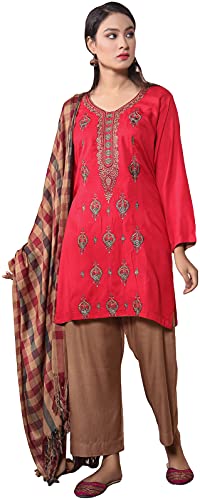 IshDeena Ready to Wear Embroidered Linen Pakistani Dresses for Women Shalwar, Kameez with Check Shawl - Three Piece Set (Large, Red)