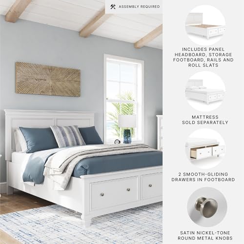 Image of Signature Design by Ashley Fortman Queen Panel Storage Bed with Drawers | White farmhouse aesthetic with deep footboard drawers, Hardwood solids and MDF substrate, Laminated LVL roll slats