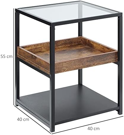 HOMCOM Industrial Side Table, 3-Tier End Table with Storage Shelves, Nightstand with Steel Frame for Bedroom, Living Room, Rustic Brown