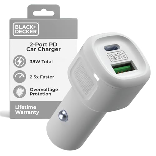Image of BLACK+DECKER USB C Car Charger, Compact 38W 2-Port, LED Indicator Type C Charger with Power Delivery /Quick Charge, Compatible with iPhone 17 16 15 14 13 Series, Pixel 3 2 XL, iPad Pro, More