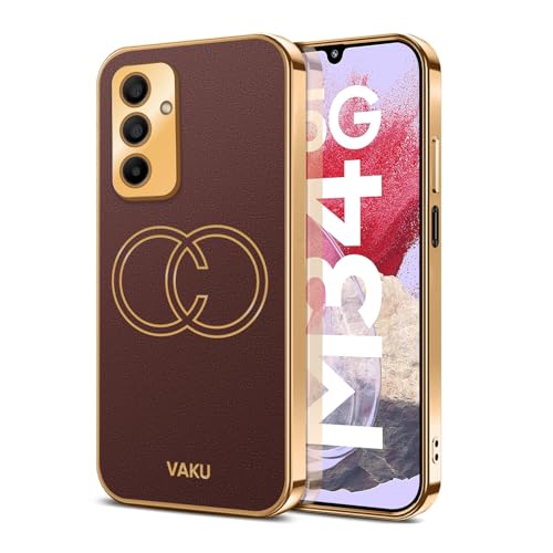 Image of Vaku Luxos Skylar Back Cover for Samsung Galaxy M34 5G with Leather Pattern Gold Electroplated Soft TPU Cover Shockproof Protective Case- Brown