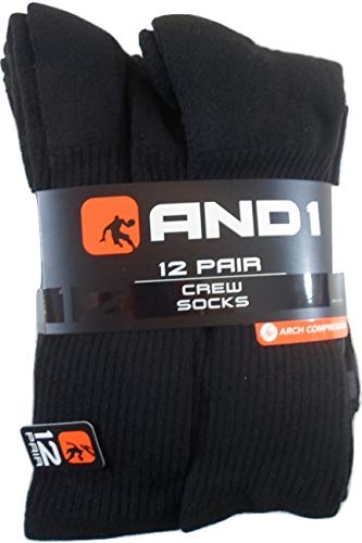 AND1 12 Pairs Black Crew Socks Mens Size 6-12.5 and 1