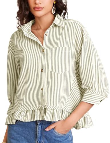 Flygo Womens 3/4 Sleeve Striped Button Down Shirts Cropped Ruffle