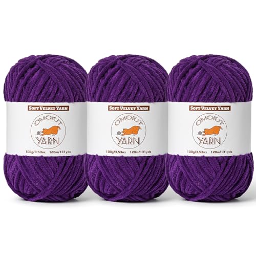 Image of 3 Pack Dark Purple Fluffy Velvet Yarn for Crocheting, Chunky Chenille Baby Blanket Yarn for Crochet, Soft Fuzzy Puzzle Yarn for Knitting, (100g /3.53oz Each) Bulky Thick Amigurumi Crochet Yarns