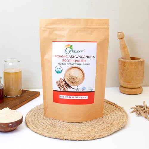 Image of Grenera Organic Ashwagandha Powder 1 lb (16 Ounce) - USDA Organic, Vegan, Kosher Cetified
