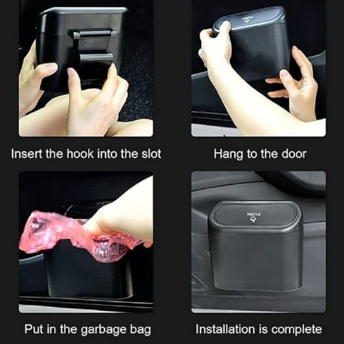 Image of Car Trash Bin with Push Lid and Hanging Hook - Compact Plastic Garbage Can for Car Door, Seat Back Pocket and Desk Use - Black