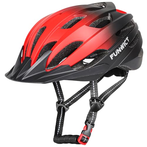 FUNWICT Mountain & Road Bike Helmet for Adults, Lightweight & Adjustable Bicycle Helmet with Sun Visor for Cycle, 22.44-24 inches (Black Red, L: 22.44-24 inches)