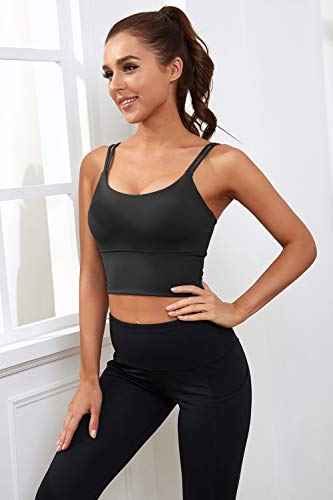 Everrysea Womens Longline Sports Bra Padded Yoga Workout Crop Tank Tops Strappy Camisole Fitness Shirts Black #TOP2