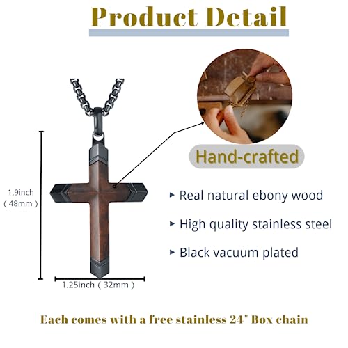 Wooden Cross Necklace for Men, Real Ebony Inset In Black Stainless Steel Christian Wood Crucifix Pendant, Includes Necklace 24" Box Chain2