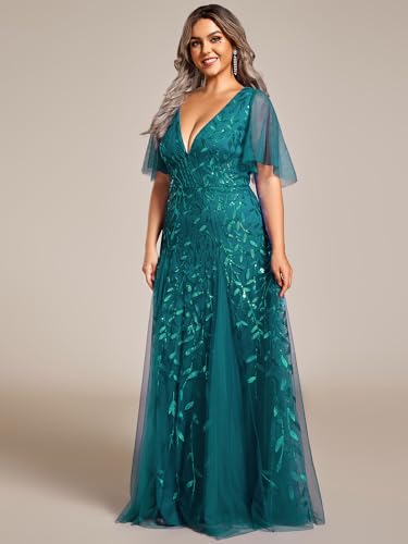 Image of Ever-Pretty Women's Sequin V Neck Plus Size Formal Dresses Evening Gown | Short Sleeve, A-Line, Empire Waist, Plus Size Mother of the Bride Dresses, Plus Size Gala Dress