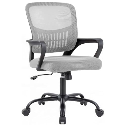 Image of DUMOS Home Office Chair, Ergonomic Lumbar Support Desk Chair | Mid Back Mesh, Height Adjustable Fixed Armrest, Rocking Mode 360 Swivel, Conference Computer, Grey