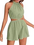 Verdusa Women's Casual High Waist Jumpsuit Cut Out Waist Halter Neck Romper Mint Green Small