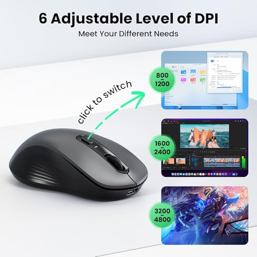 Image of TECKNET Rechargeable Bluetooth Mouse, [ USB + BT5.0 + BT3.0 ] Wireless Mouse, Ergonomic Design, Silent Click, 6-Level 4800 DPI Wireless Mice, 3-Device Switching for Laptop, Computer, MacBook（Grey）