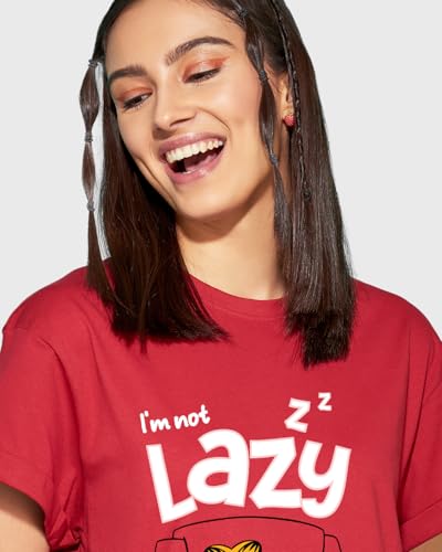 Image of Bewakoof X Official Garfield Merchandise Women's Selective Participation Graphic Printed 100% Cotton T-Shirt - Boyfriend Fit, Round Neck, Half Sleeves, Loose Fit