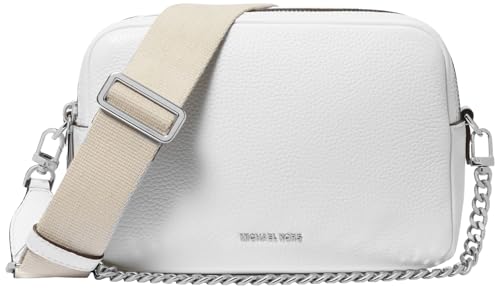 Image of Michael Kors Bryant Medium Double Zip Chain Camera Crossbody Bag, Antique Gold-Tone Hardware /MK Debossed Burnished Logo Leather /Chocolate