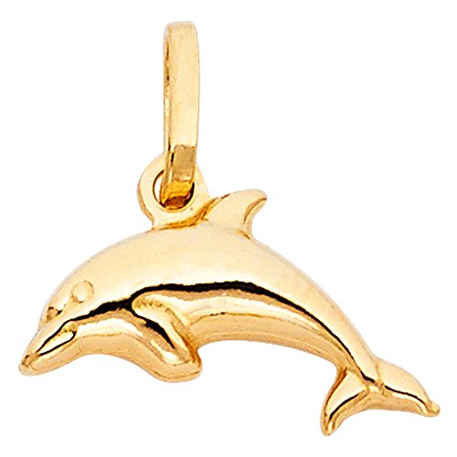 14K Yellow Gold Jumping Dolphin Prosperity Charm Pendant with 1.2mm Figaro 3+1 Chain Necklace2