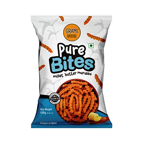 Image of Grami Superfoods Pure Bites Millet Butter Murukku / Chakli - Pack of 4 (500g) | Healthy Indian Snacks | Millet Snacks | No Maida | No Preservative | High Protein & Fiber Snack | Low GI | Healthy Namkeen for Kids & Adults | Weight Loss Namkeen |Sugar Free | Diabetic Friendly Namkeen