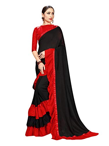 Sarees for Women Georgette Ruffle - Frill Saree || Ethnic Indian Gift Traditional Wedding Gift Sari with Unstitched Blouse Black