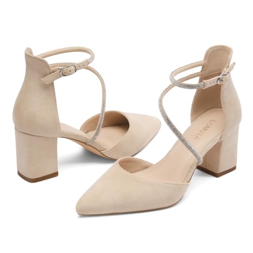 Women's Chunky Heels Pump Shoes Rhinestone Ankle Strap Pointed Toe Pumps Summer Sexy Comfortable High Heels Wedding Party Dress Work Block Heel Shoes4