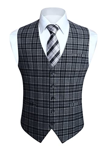 HISDERN Men's Suit Vest Plaid Dress Vest for Men Slim Fit Formal Business Waistcoat Tuxedo V-Neck Solid Vest for Wedding Grey 3X-Large