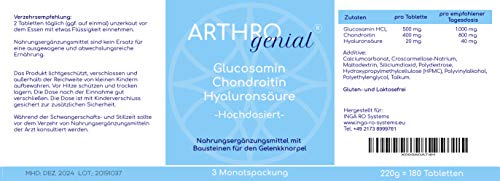 *OHNE MAGNESIUMSTEARAT* ARTHRO genial® - Glucosamin Chondroitin Hyaluronsäure hochdosiert - 180 Tabletten - 1500 mg