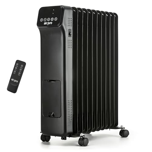 Air Pro Oil Filled Radiator 2500W with Thermostat, 9 Hour Timer, Remote Control – 11 Fin Portable Electric Heater Overheat & Tip-Over Protection Quiet for Home, Office and Any Room Radiator on Wheels