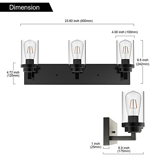 MELUCEE Vintage Bathroom Lighting Fixtures Over Mirror, 3-Light Modern Vanity Lights Black Finish Industrial Wall Sconce with Clear Glass Shade