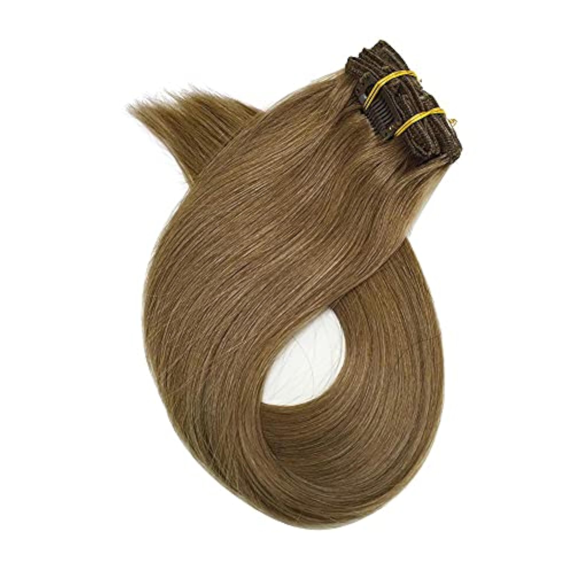 Human Hair Extensions Clip in, Light Brown, 7 Pieces, 70 Gram