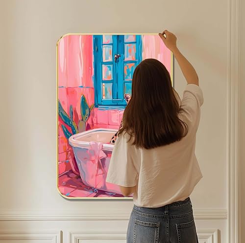 Image of Livin'luxe Bold Leopard in Bathtub Wall Art | Quirky Pink Bathroom Scene with Blue Window | HD Artistic Print with Golden Frame | Funky Animal Art for Living Room (13 x 19 Inch) MG01-885
