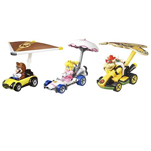 Hot Wheels Mario Kart Vehicle 3-Pack Set Of Toy Cars With Gliders Inspired By Tanooki Mario, Princess Peach And Bowser #TOP3