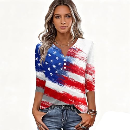 Image of 4th of July Shirts Women 3 /4 Length Sleeve Womens Tops Henley Neck Casual Patriotic T Shirts